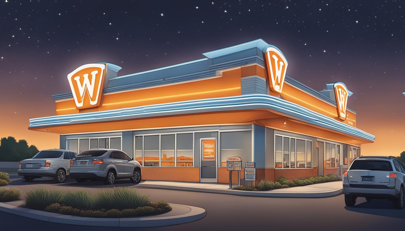 The Whataburger sign illuminates the night sky, casting a warm glow over the bustling drive-thru and busy parking lot