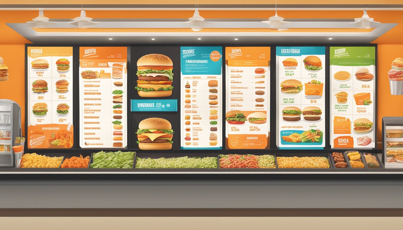 A colorful menu board featuring various food items and prices, with the Whataburger logo prominently displayed at the top