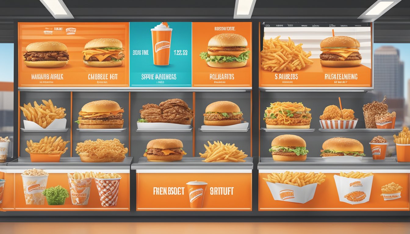 A colorful menu board displays Whataburger's core offerings with corresponding prices for 2023