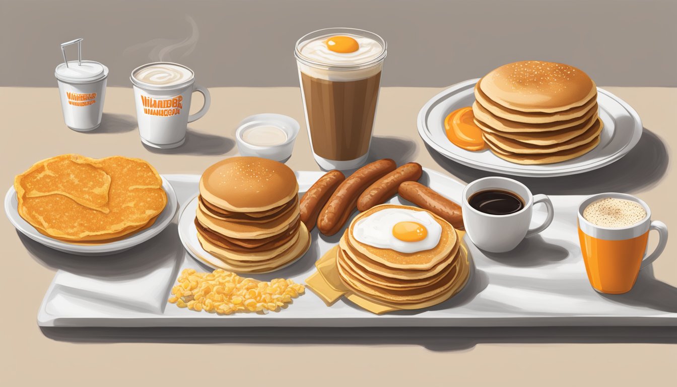 A table set with Whataburger breakfast items, including pancakes, sausage, eggs, and coffee, with prices displayed for each item