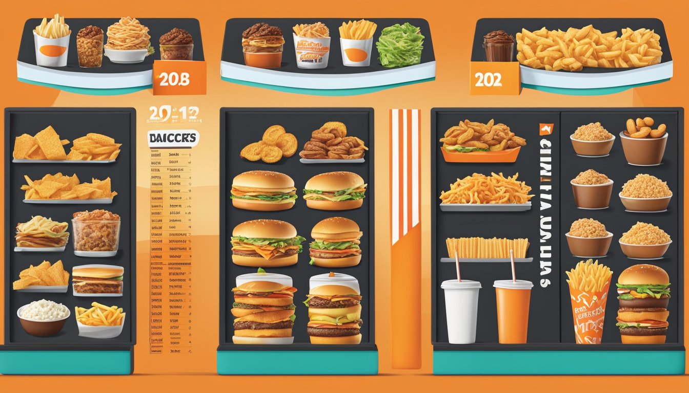 A colorful menu board displaying various sides and snacks with prices for the 2023 Whataburger menu