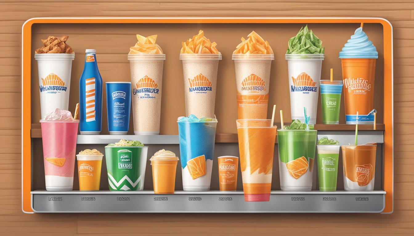 A colorful menu board displays various beverages and shakes with corresponding prices for the 2023 Whataburger menu