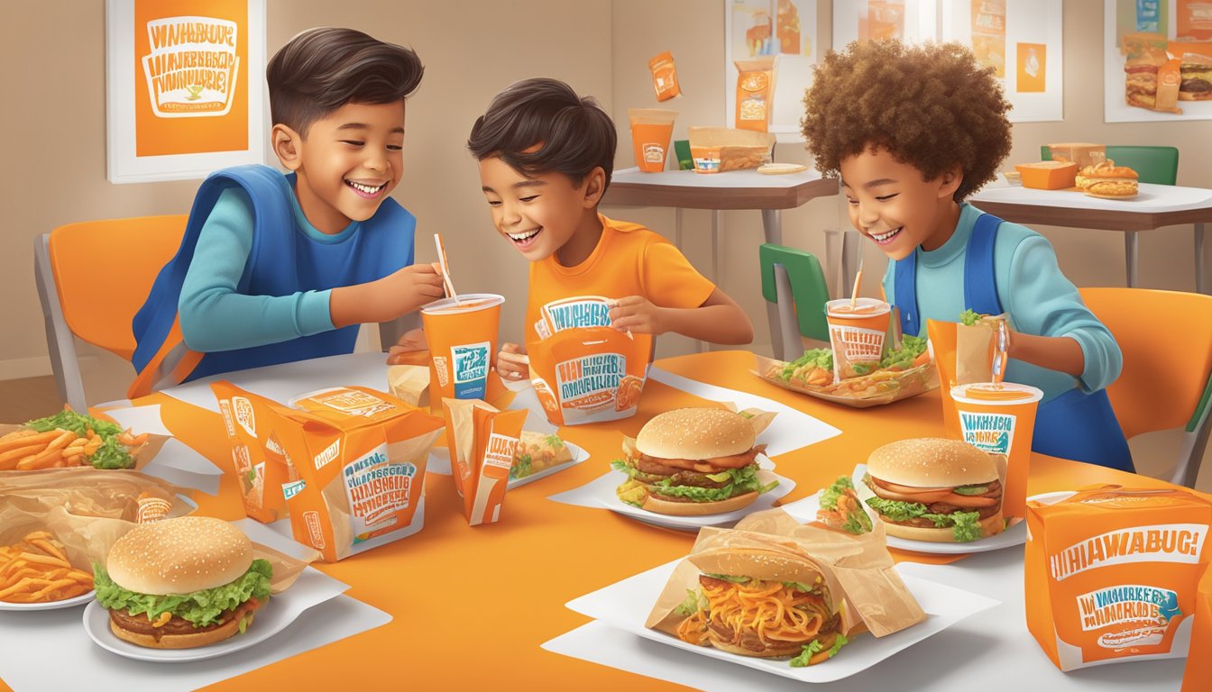 A group of kids eagerly unwrap Whataburger value meals, with colorful packaging and a variety of food items spread out on the table, surrounded by happy faces