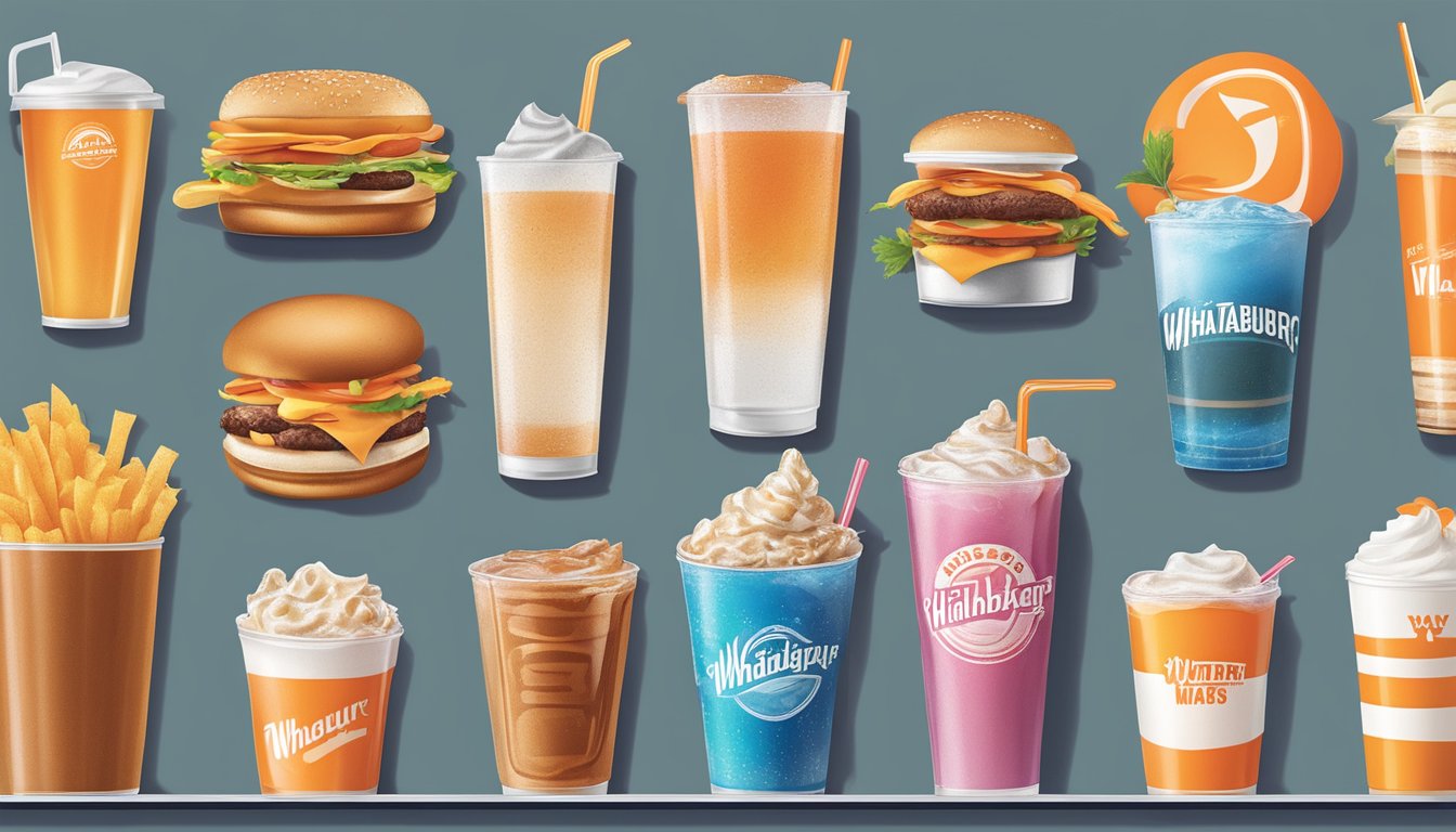 A colorful array of beverage options displayed on a modern digital menu board at Whataburger in 2023