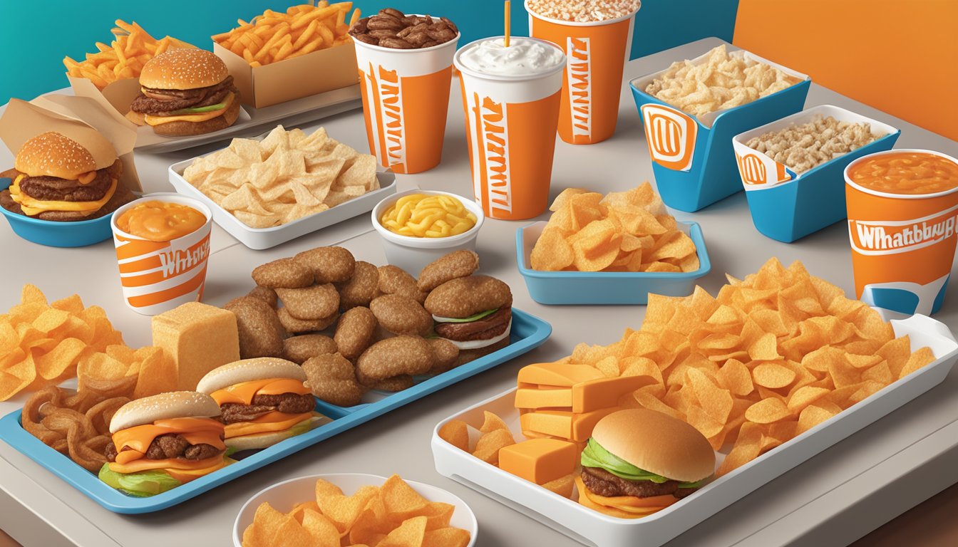 A colorful array of side and snack options displayed on a tray with the Whataburger logo in the background