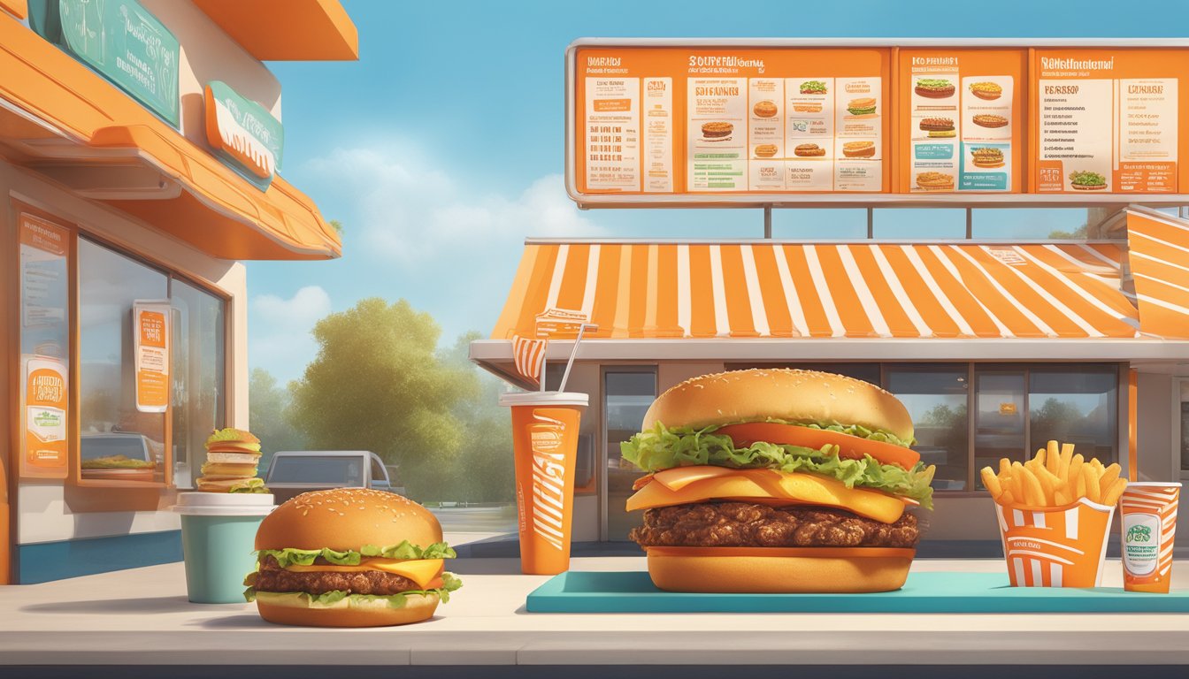 A colorful menu board displays the nutritional information for Whataburger's 2023 offerings, with vibrant images of burgers, fries, and drinks