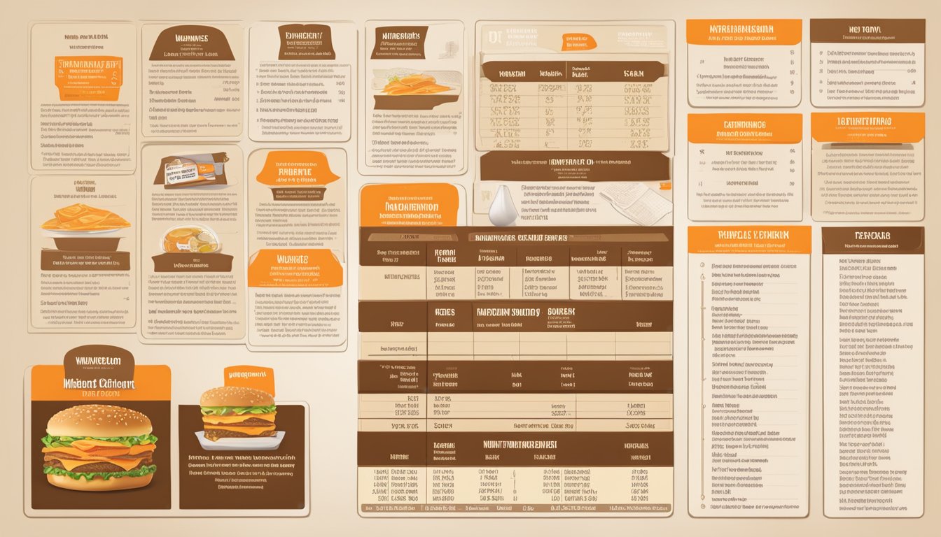 A table with a Whataburger meal, surrounded by nutritional information labels and dietary guidelines