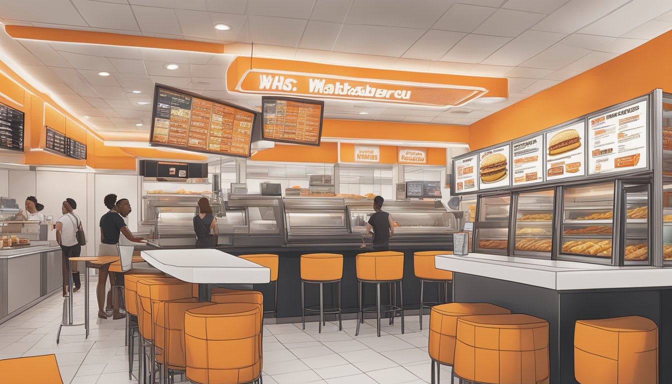 A bustling Whataburger restaurant with a clear view of the menu board and prices, easily accessible for customers in 2023