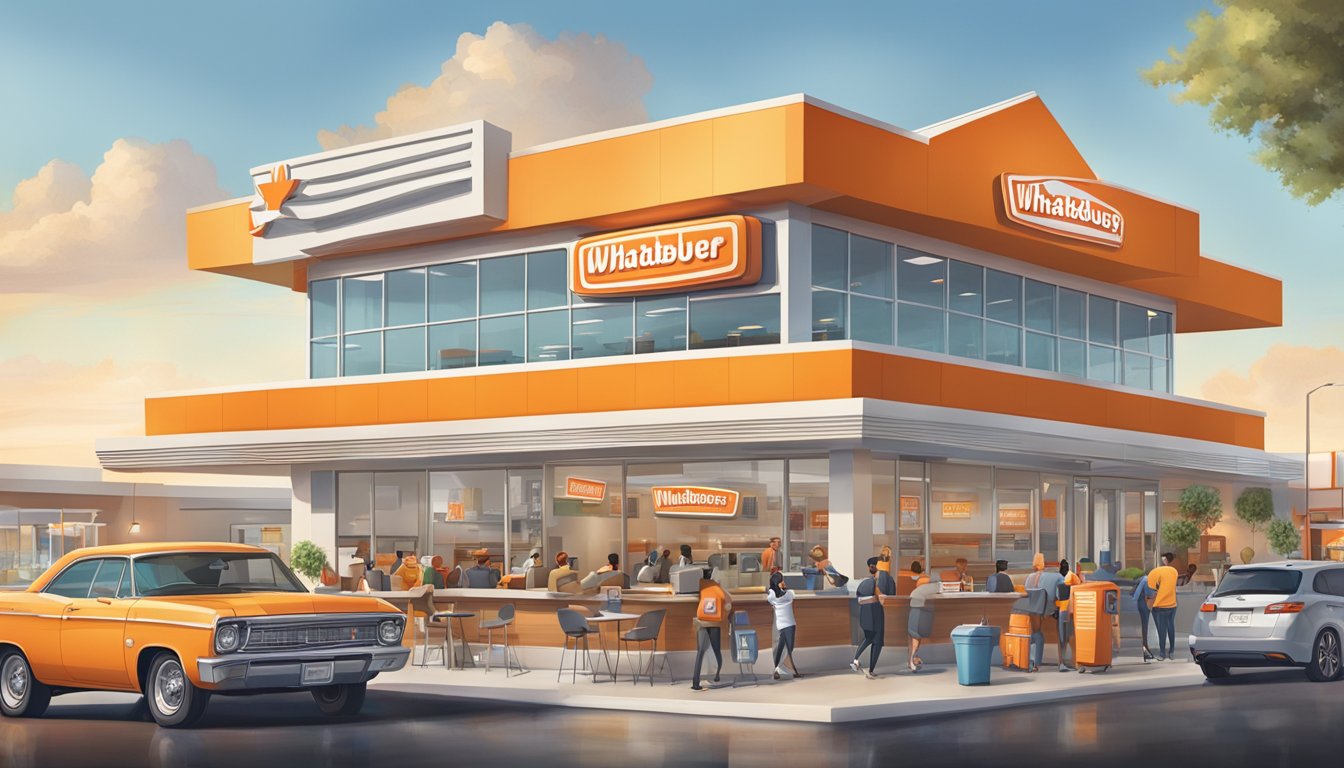 A bustling Whataburger restaurant with modern architecture and a drive-thru, surrounded by happy customers enjoying their meals