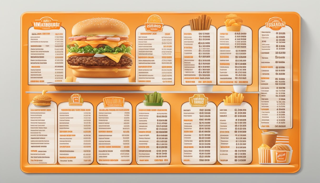 A colorful, detailed illustration of a Whataburger menu board with updated prices for 2023, featuring various food items and their corresponding prices displayed in a clear and organized manner