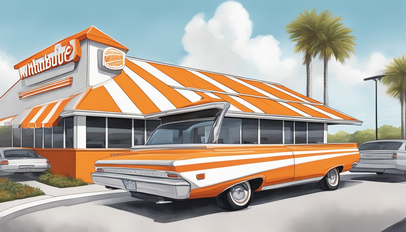 A Whataburger restaurant in Orlando, with the iconic orange and white striped A-frame building, drive-thru lanes, and the recognizable red and white logo prominently displayed