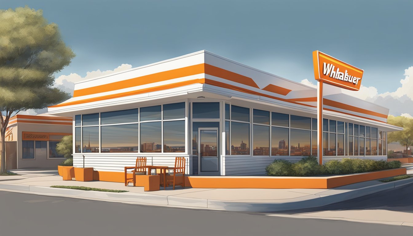 The iconic Whataburger restaurant in Albuquerque, with its distinctive orange and white stripes, stands proudly against the backdrop of the city's skyline