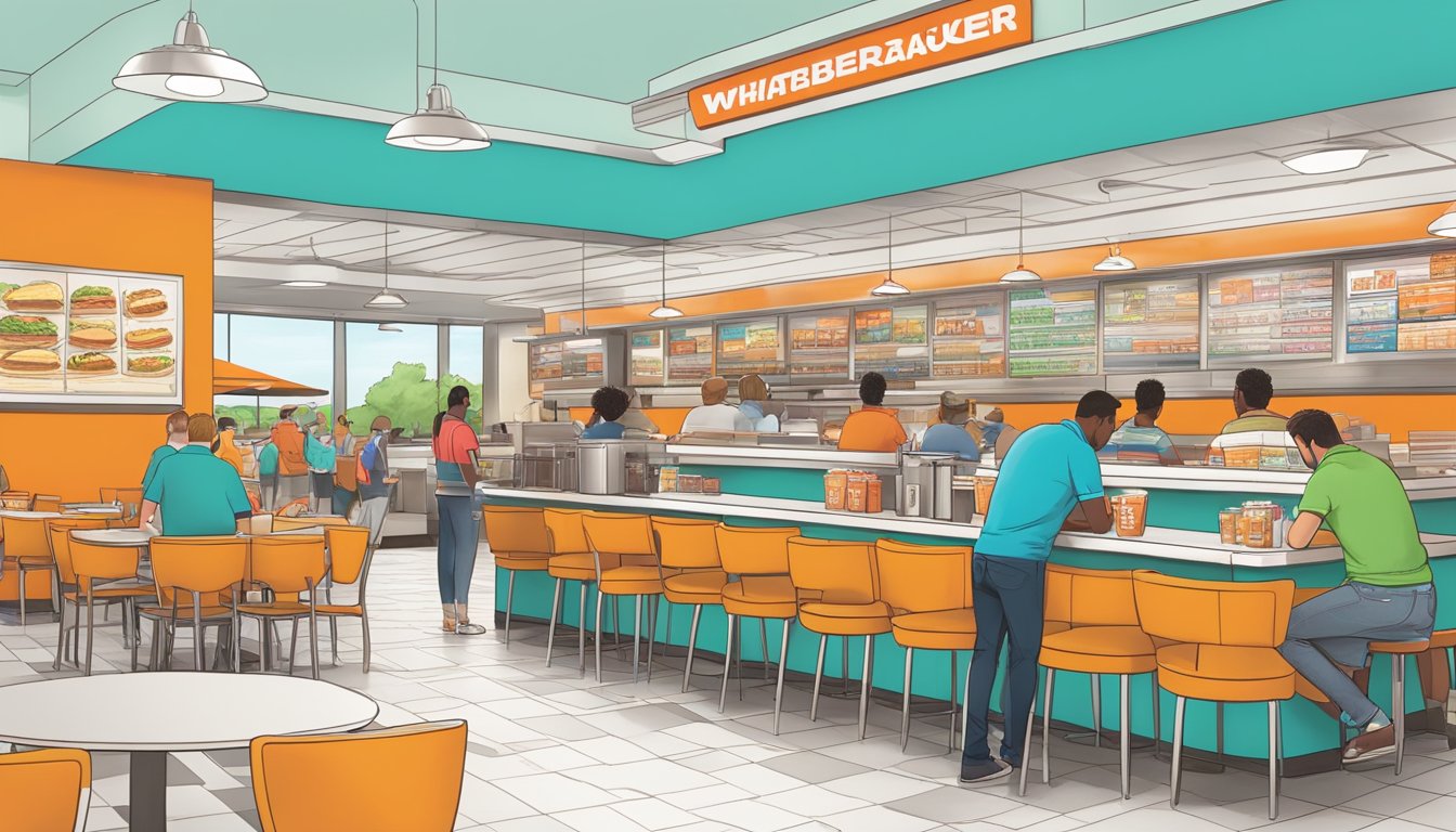 A bustling Whataburger restaurant in Orlando, with colorful menu highlights displayed on the overhead boards. Tables and chairs fill the dining area, and customers line up at the counter