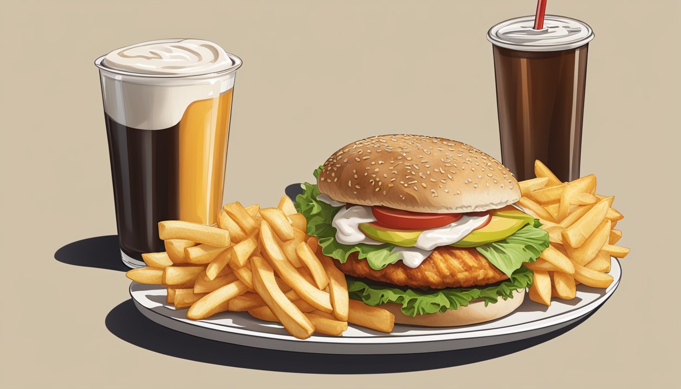 A juicy chicken sandwich with lettuce, tomato, and mayo on a toasted bun, alongside a side of crispy fries and a cold drink