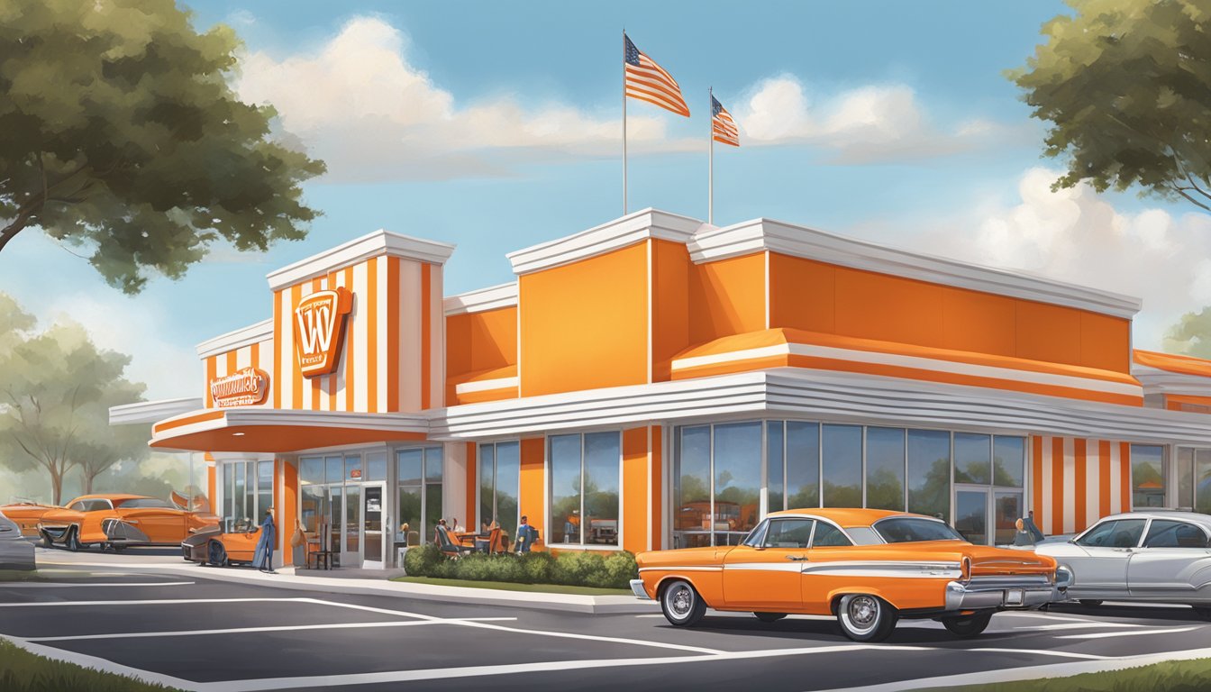 A bustling Whataburger location in Orlando, with a drive-thru line of cars, outdoor seating, and the iconic orange and white striped building