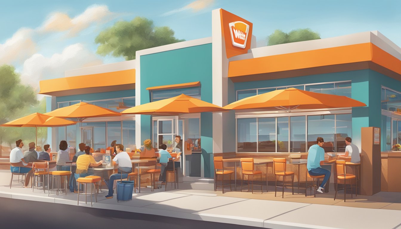 A bustling Whataburger restaurant in Albuquerque, with colorful decor, delicious food, and happy customers enjoying their dining experience