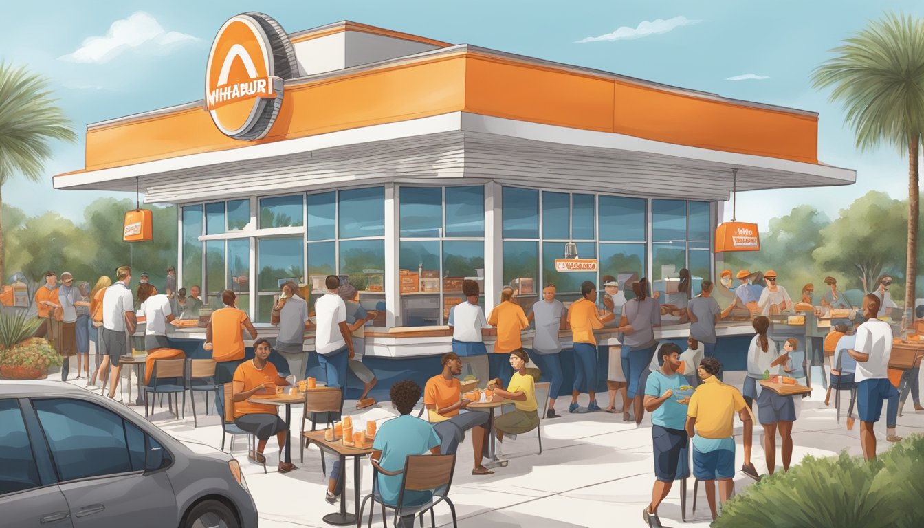 A bustling WhatABurger in Orlando, with customers enjoying their meals and staff engaging with the community through various events and contributions