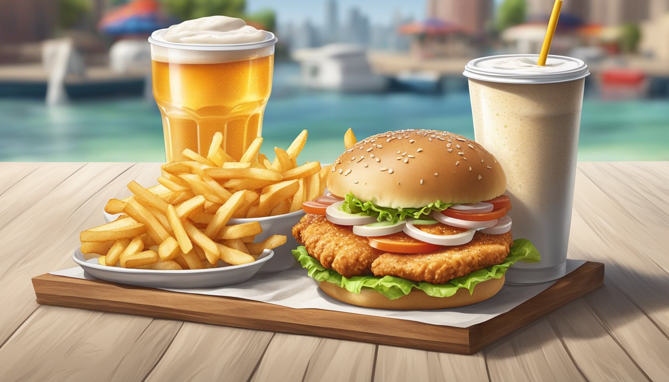 A juicy chicken sandwich with customizable add-ons sits on a sesame seed bun, surrounded by a side of crispy fries and a cold drink