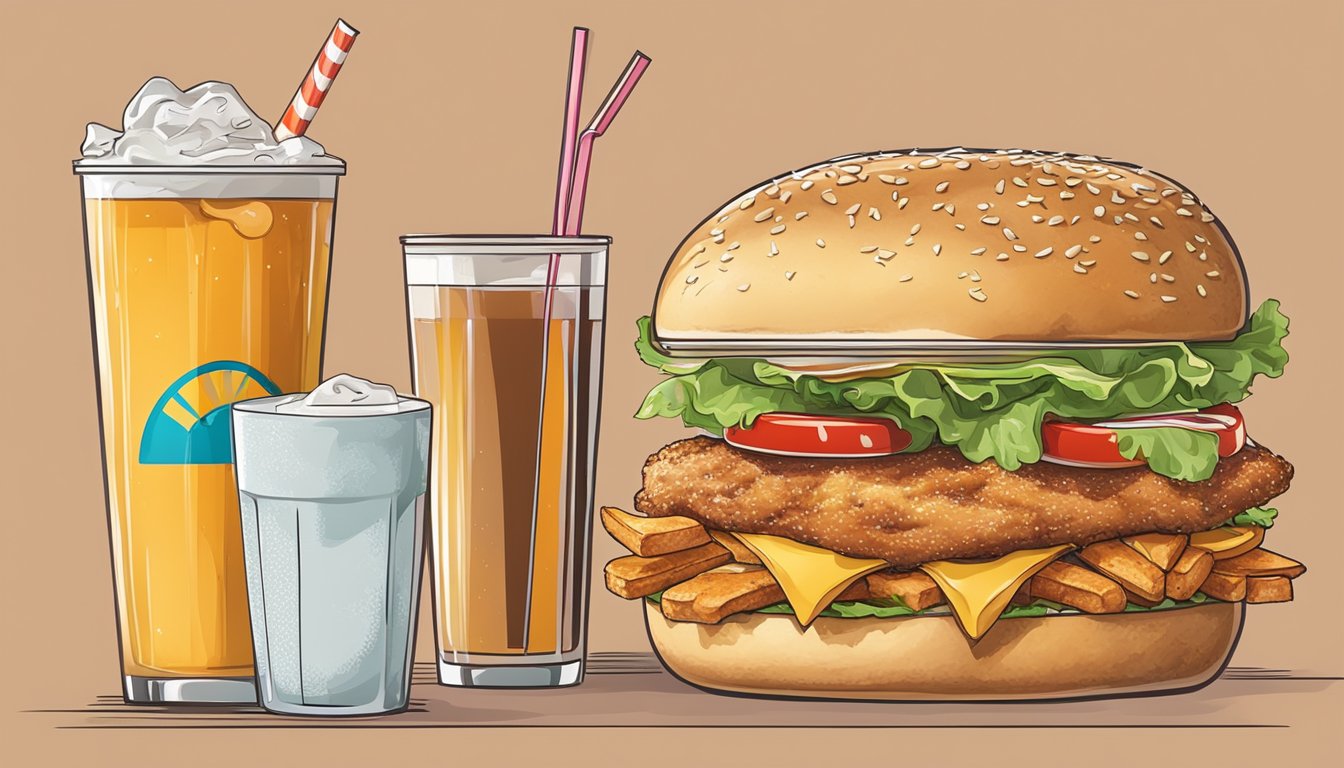 A juicy chicken sandwich with lettuce, tomato, and a toasted bun, served with a side of crispy fries and a cold drink