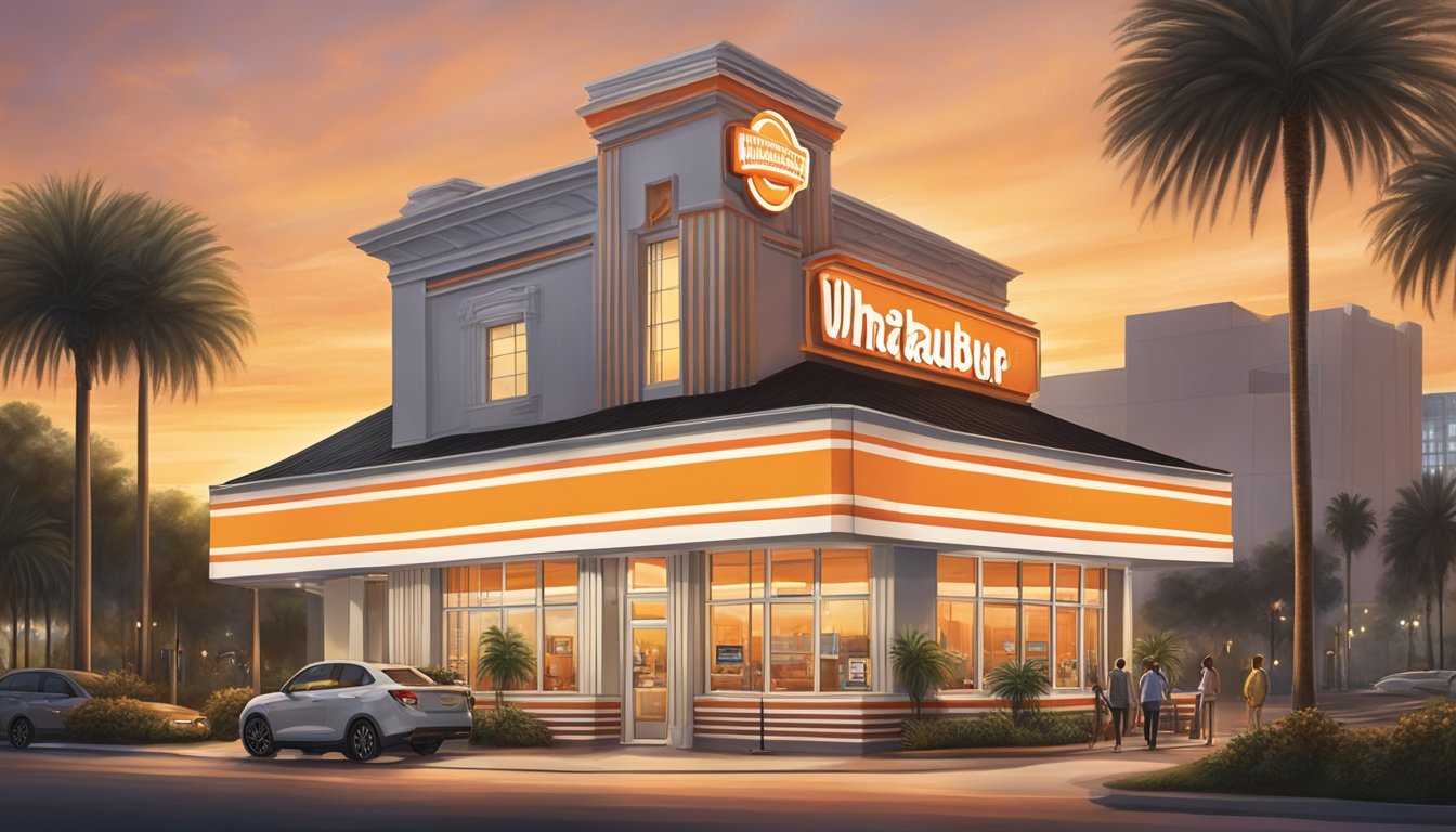 Whataburger's iconic orange and white striped building stands tall in the bustling city of Orlando, surrounded by palm trees and a warm Floridian sunset