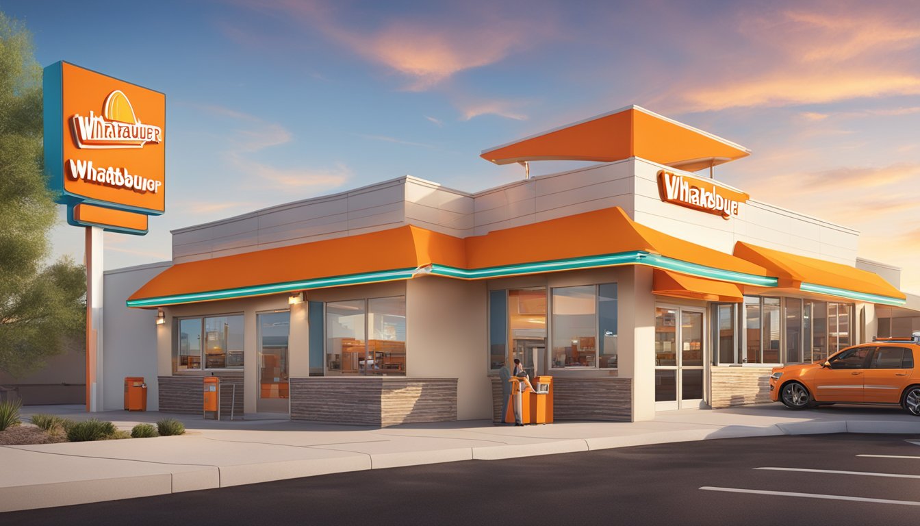 A Whataburger restaurant in Albuquerque with a drive-thru, outdoor seating, and a colorful sign