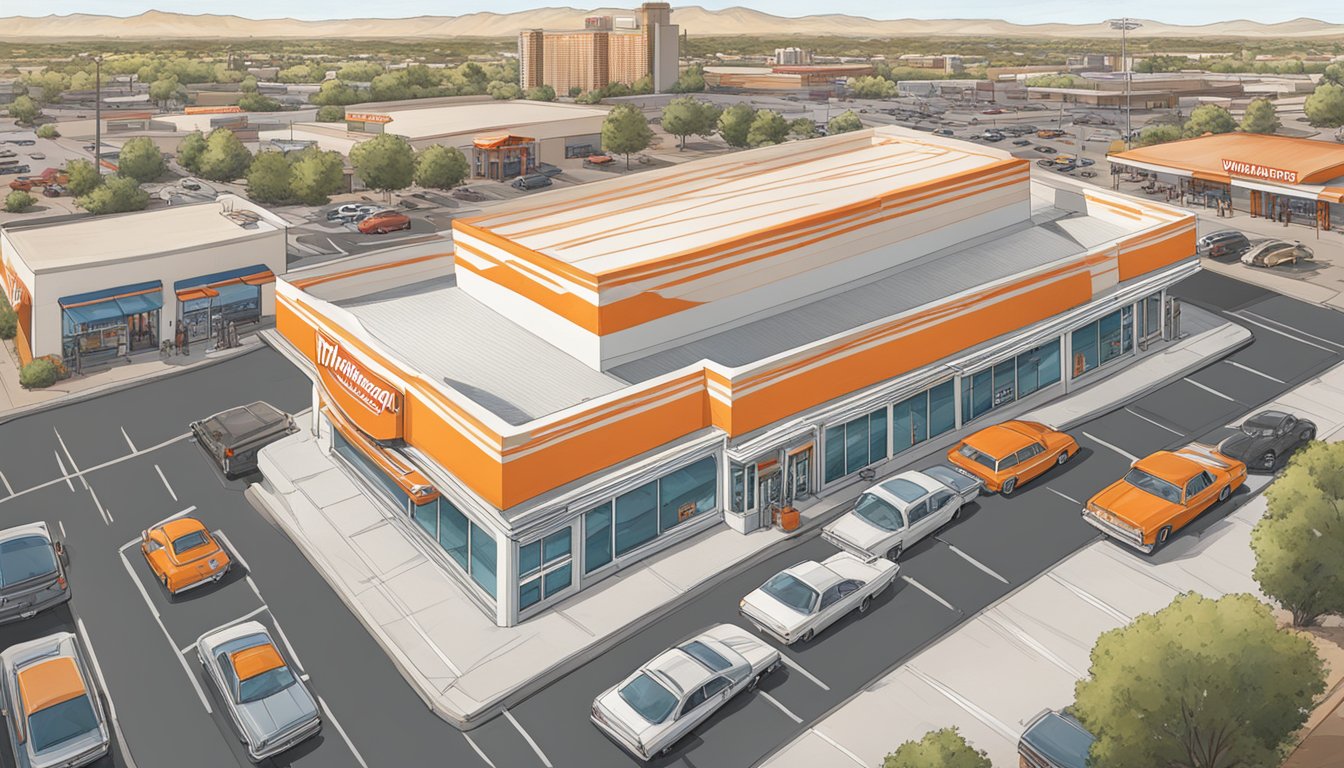 The iconic orange and white striped building of Whataburger stands out against the Albuquerque skyline, with a drive-thru line of cars and a bustling parking lot