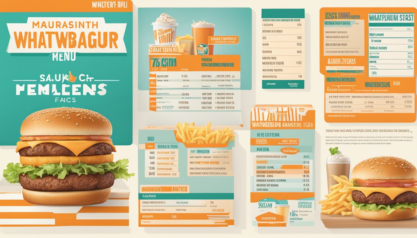 A spread of Whataburger menu items with corresponding nutrition facts displayed next to each item