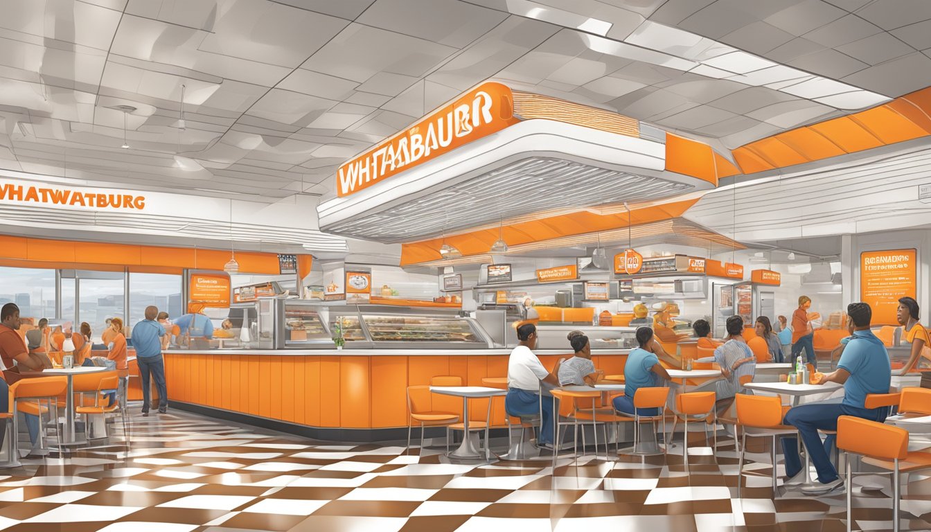 A bustling Whataburger restaurant in the DFW Airport, with travelers enjoying their meals and the iconic orange and white decor