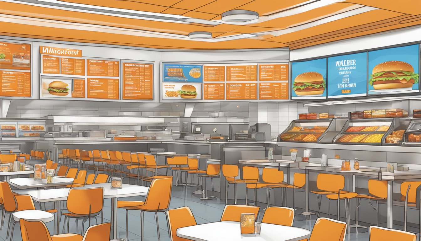 A bustling airport food court with a prominent Whataburger menu display