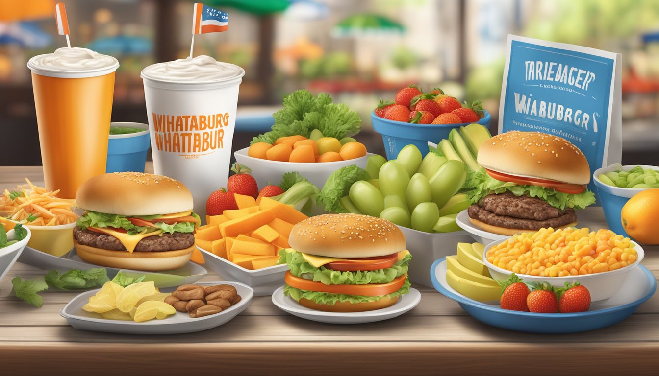 A table with a variety of Whataburger menu items, surrounded by fresh fruits and vegetables, with a focus on the nutritional information labels