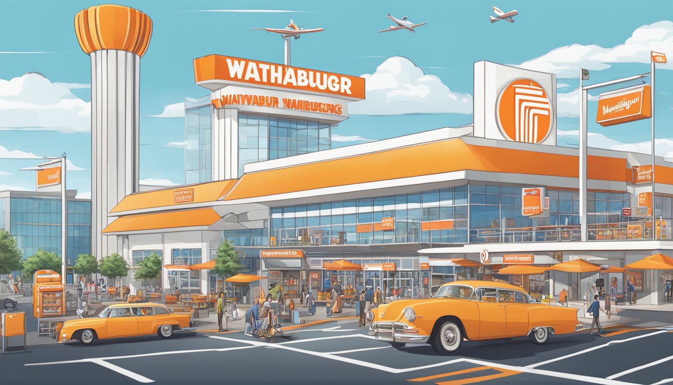 A bustling airport terminal with a prominent Whataburger storefront surrounded by various merchandise and brand offers