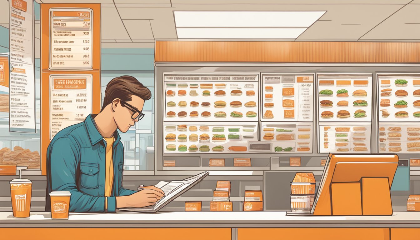 A person studying a nutrition facts label while choosing from a menu at Whataburger