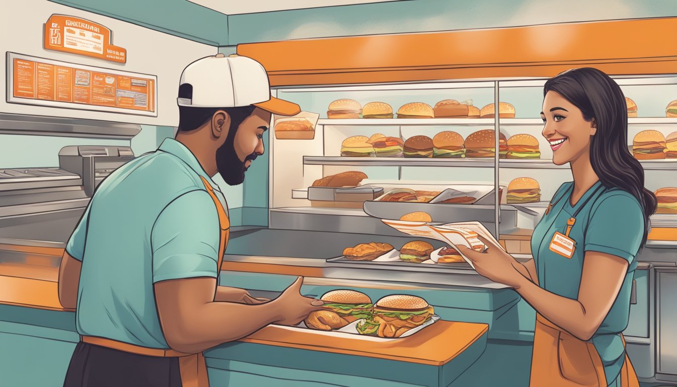 A person ordering a gluten-free burger at Whataburger, with the cashier holding a menu and the cook preparing the meal in the background