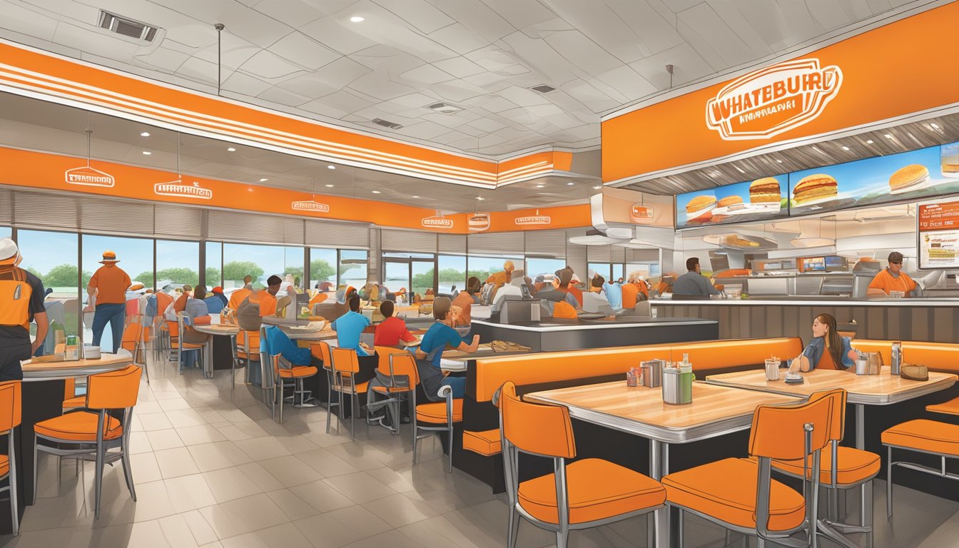 A bustling Whataburger restaurant in DFW airport, with travelers enjoying their dining experience amidst the lively atmosphere