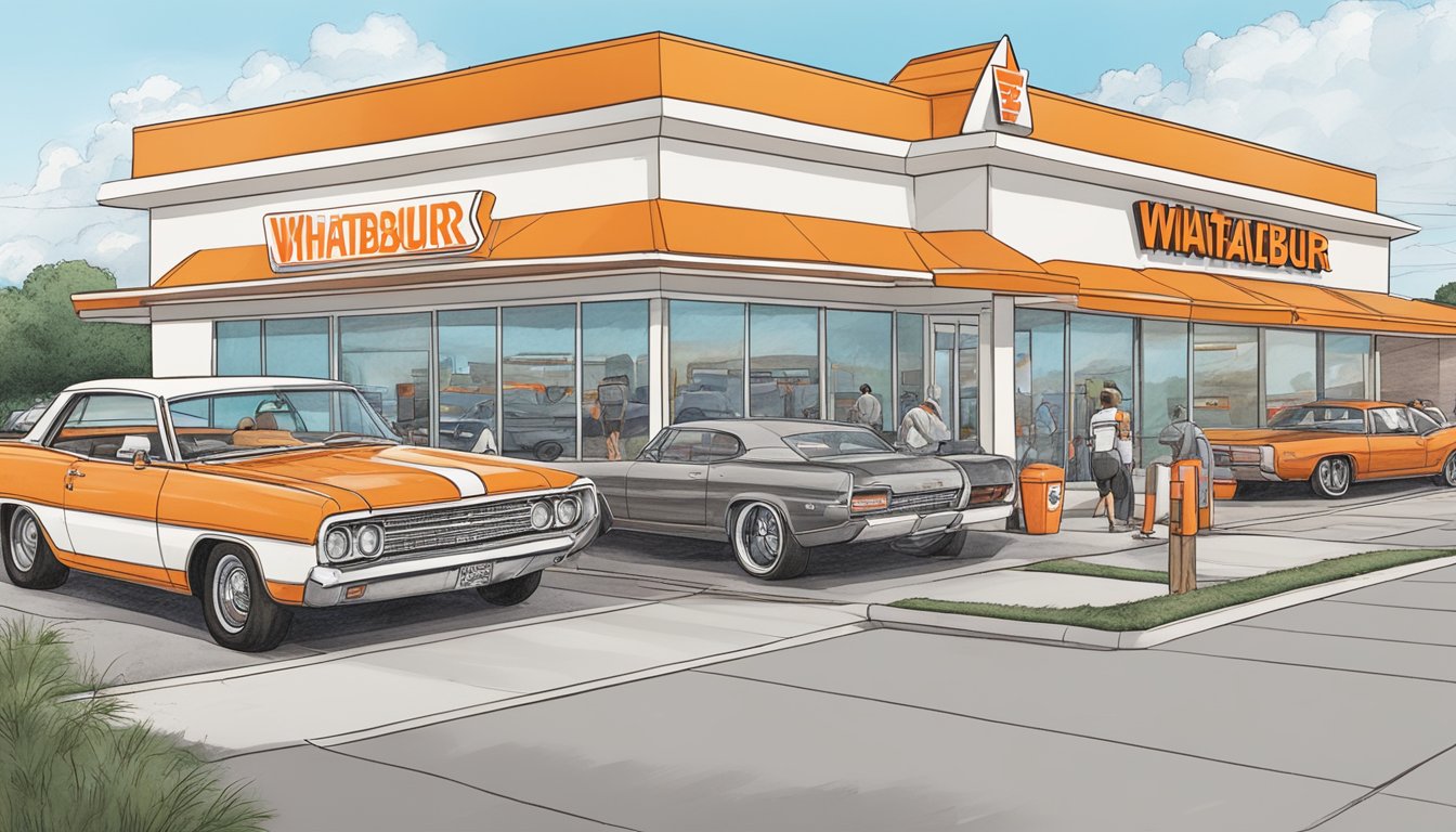 A bustling Whataburger near the DFW airport, with cars in the drive-thru and customers inside