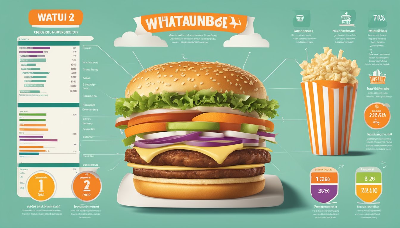 A colorful infographic displaying Whataburger menu items with corresponding nutrition information