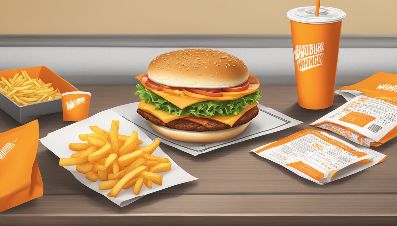 A table with a Whataburger bag, fries, and drink, surrounded by nutritional information pamphlets