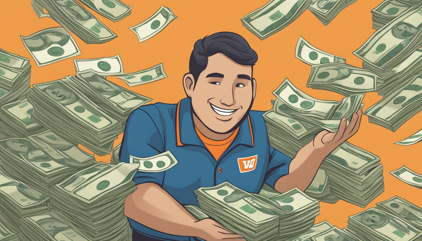 A Whataburger employee holding a paycheck next to a stack of cash