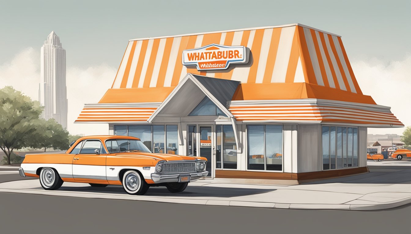 The iconic orange and white striped A-frame building of Whataburger stands tall against the Lubbock skyline, with a line of cars wrapped around the drive-thru and the smell of fresh burgers wafting through the air