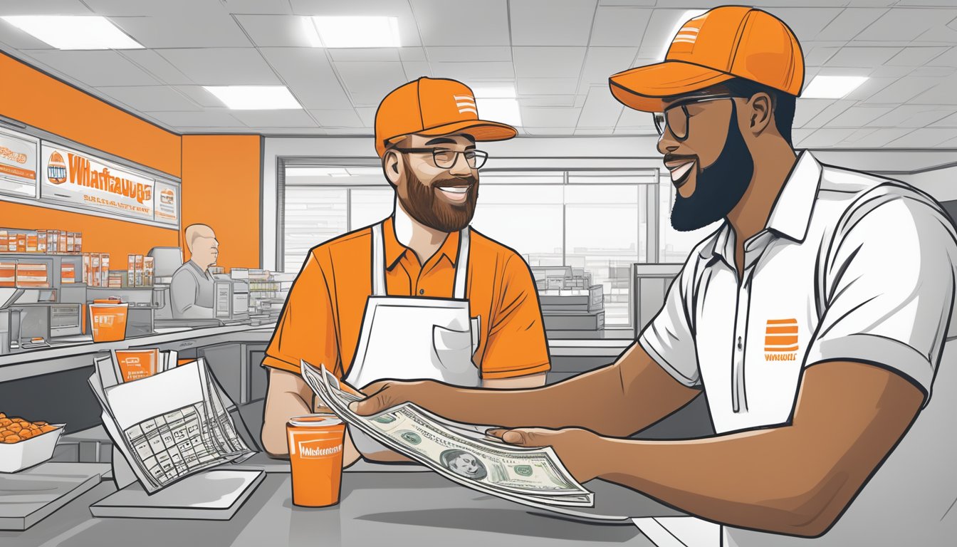 A Whataburger employee receiving a paycheck with the company logo and a breakdown of their compensation and benefits