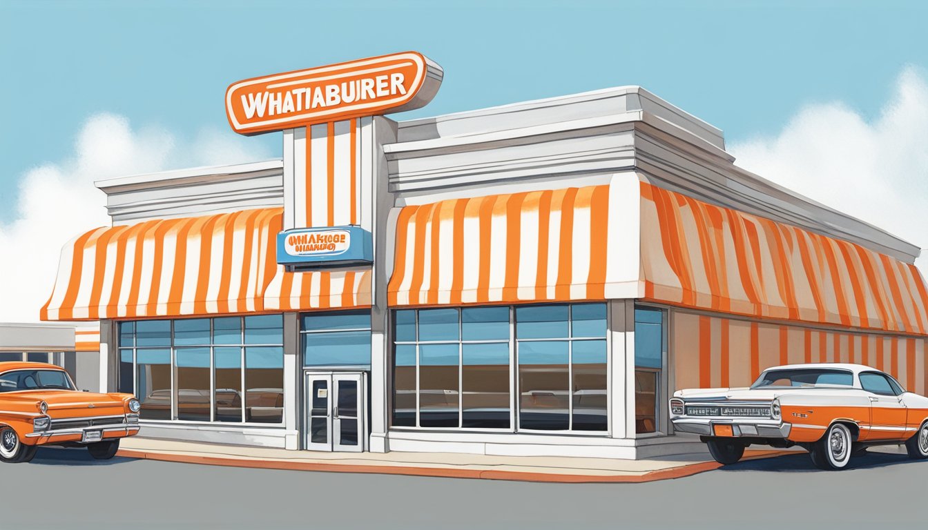 The iconic orange and white striped building of Whataburger in Lubbock, Texas, stands proudly against a clear blue sky, surrounded by cars in the drive-thru and a bustling parking lot