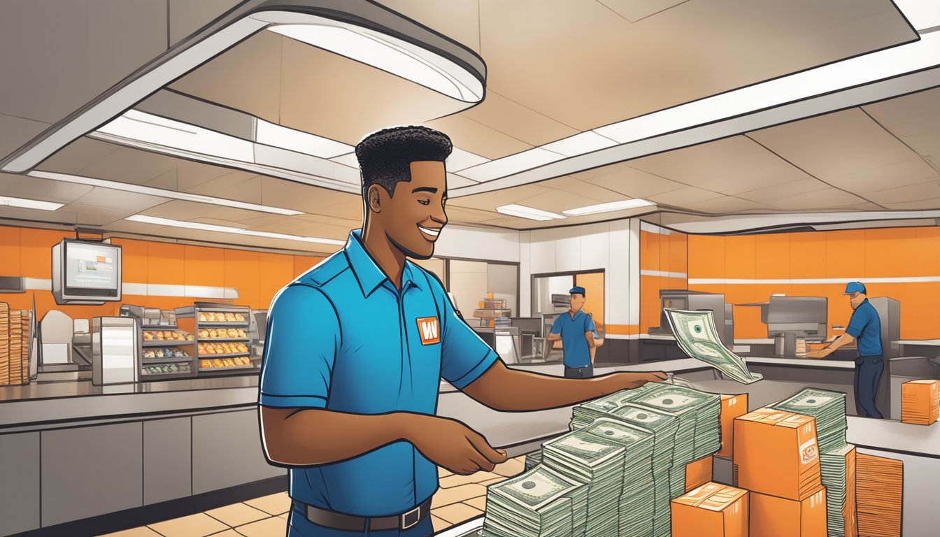 A Whataburger employee receiving a paycheck with a dollar amount and a path leading to career advancement opportunities