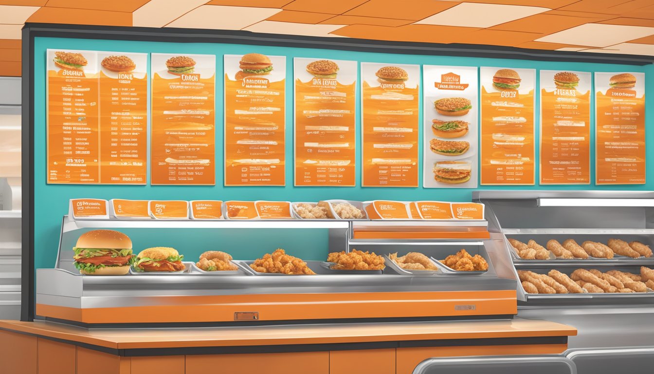 A colorful menu board displays various chicken selections at Whataburger with corresponding prices for the year 2024