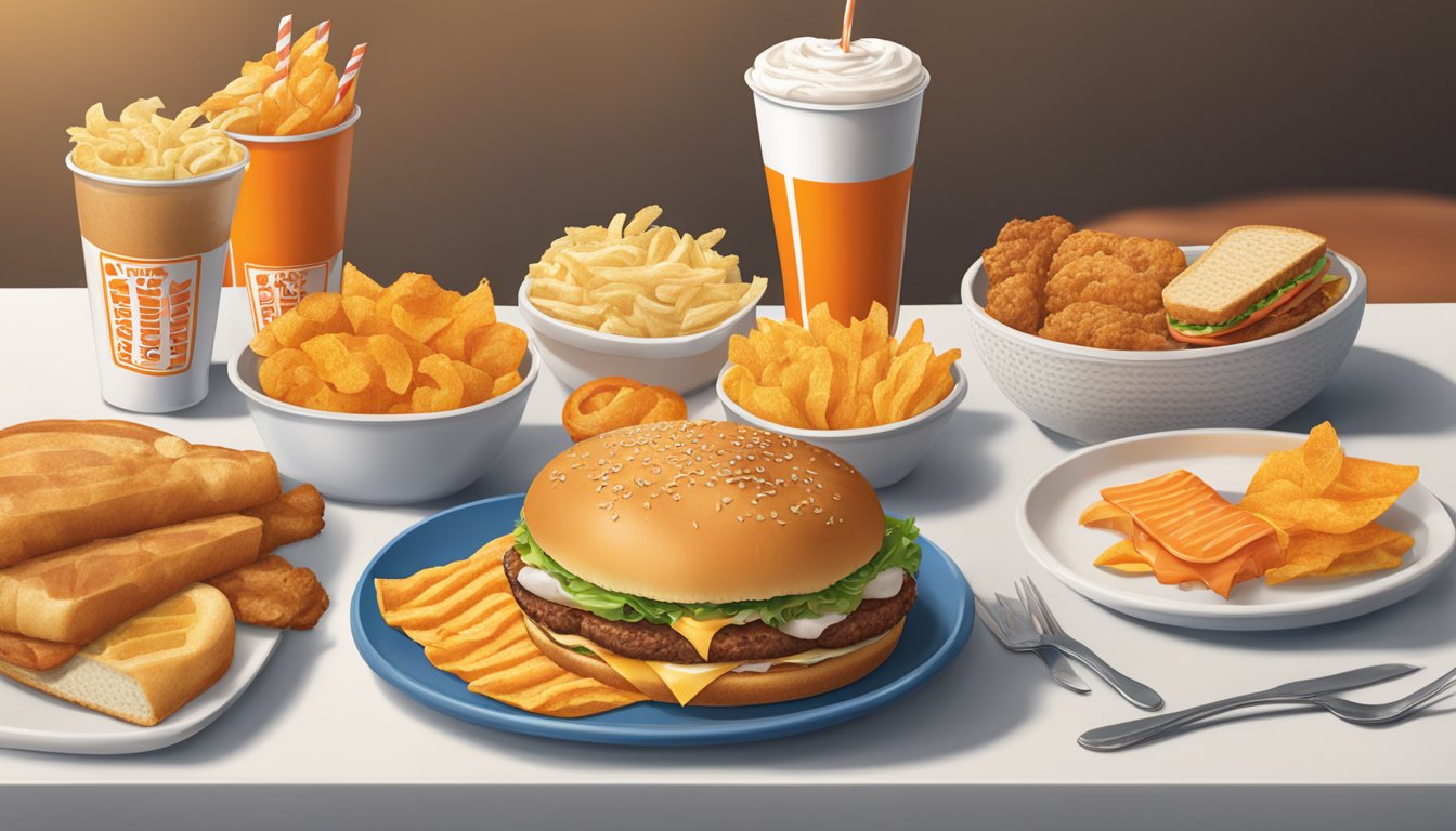 A table set with a Whataburger breakfast menu, featuring a variety of items and prices for the year 2024