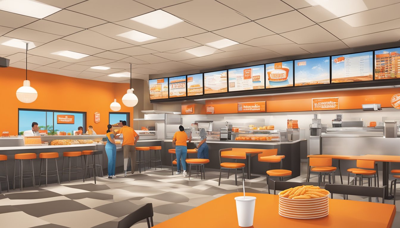 A bustling Whataburger restaurant in Lubbock, Texas, with a colorful and inviting interior, friendly staff serving customers at the counter and tables, and a prominent orange and white color scheme