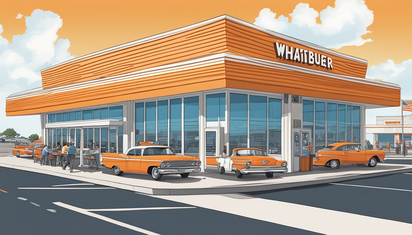 A bustling Whataburger restaurant in Lubbock, Texas, with a line of cars at the drive-thru and customers dining inside. The iconic orange and white striped building stands out against the blue sky