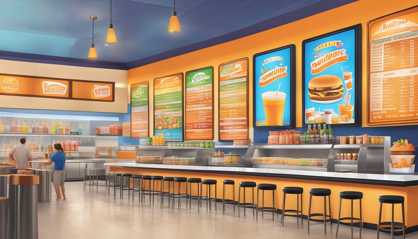 A colorful menu board featuring a variety of drinks and shakes with corresponding prices, set against a backdrop of the Whataburger restaurant's interior