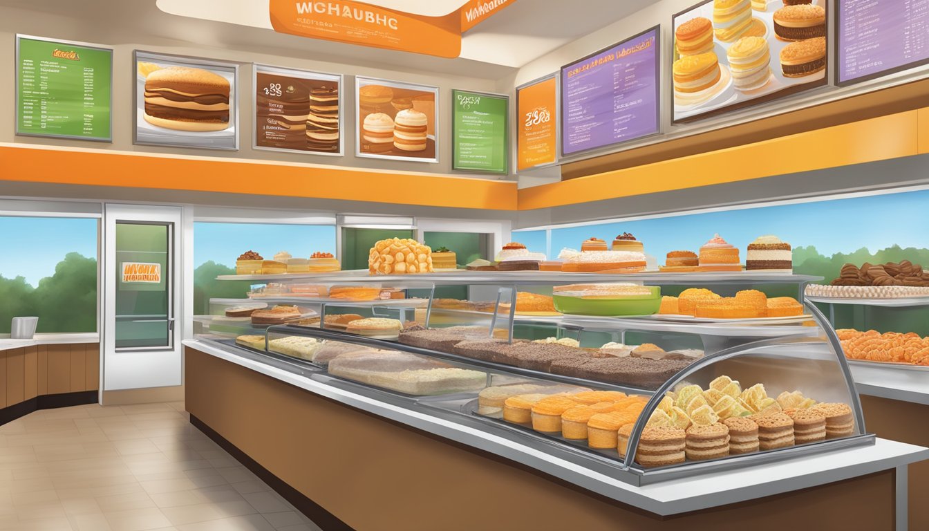 A colorful display of desserts and treats arranged on a menu board with corresponding prices, set against a backdrop of the Whataburger restaurant interior