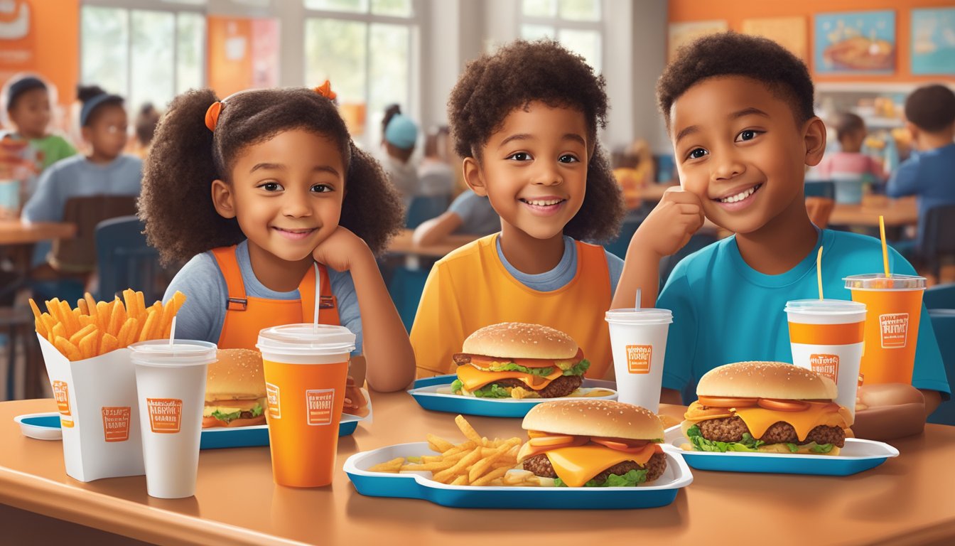 A group of kids enjoying Whataburger meals at a table, with colorful trays and food items, while a menu board displays prices for 2024