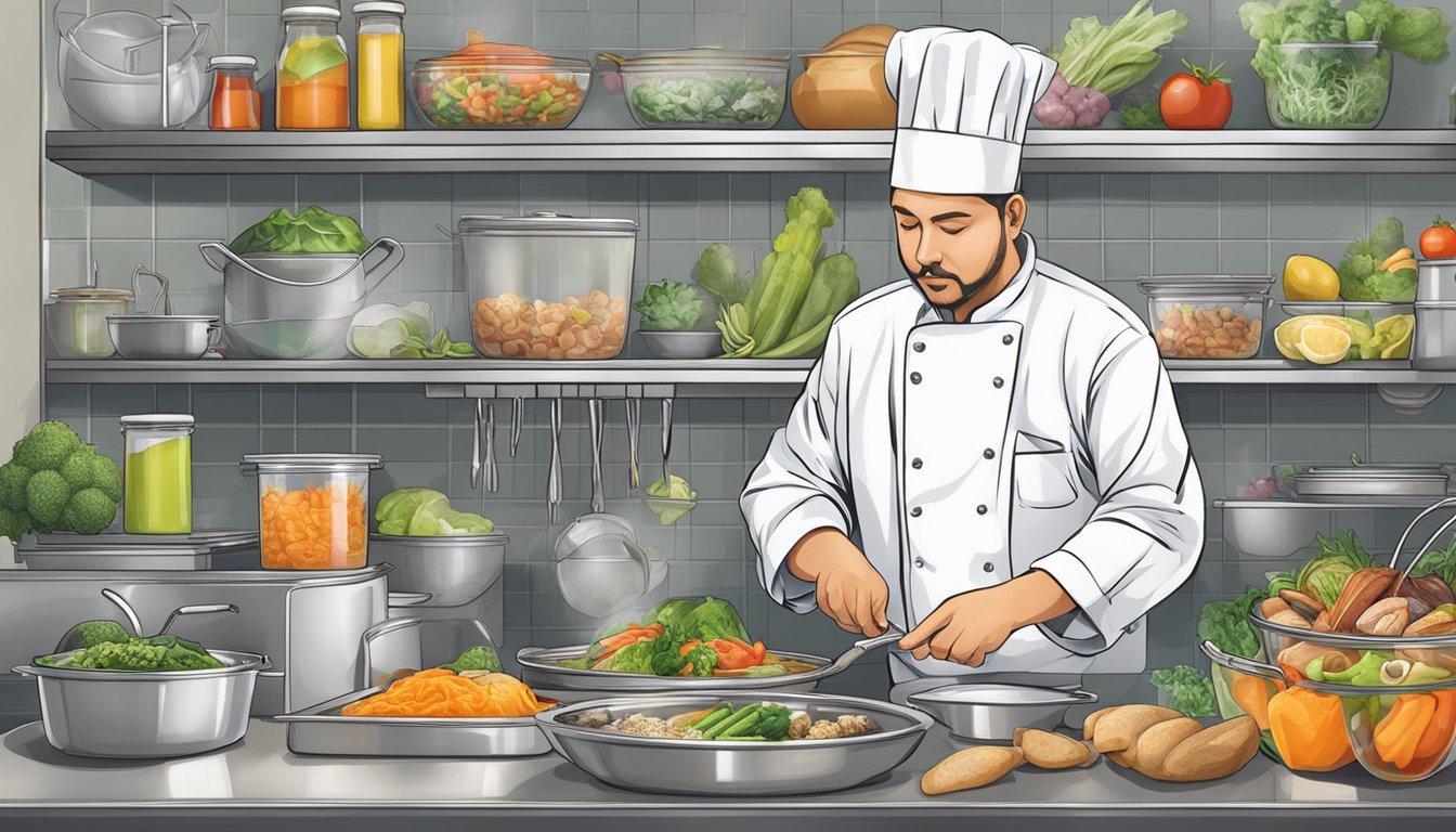 A chef carefully prepares a variety of food items, using separate utensils and workstations to prevent cross-contamination